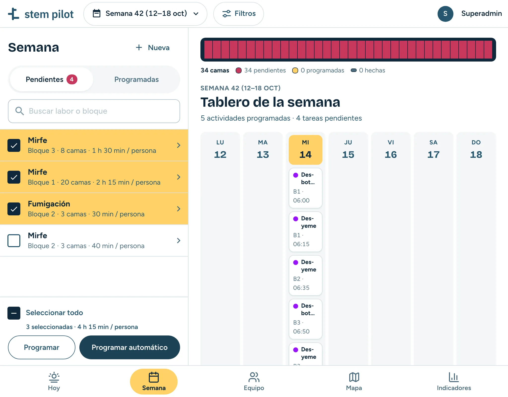 La semana en stem pilot: las labores pendientes marcadas para programar, junto al tablero de la semana con las actividades del día