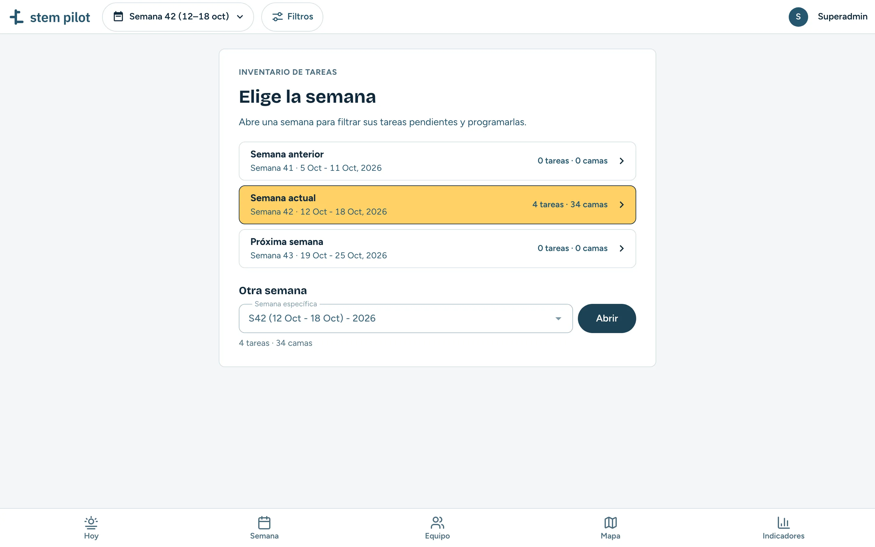El inventario de labores de stem pilot: la semana anterior, la actual, la próxima o una específica, con sus tareas y sus camas